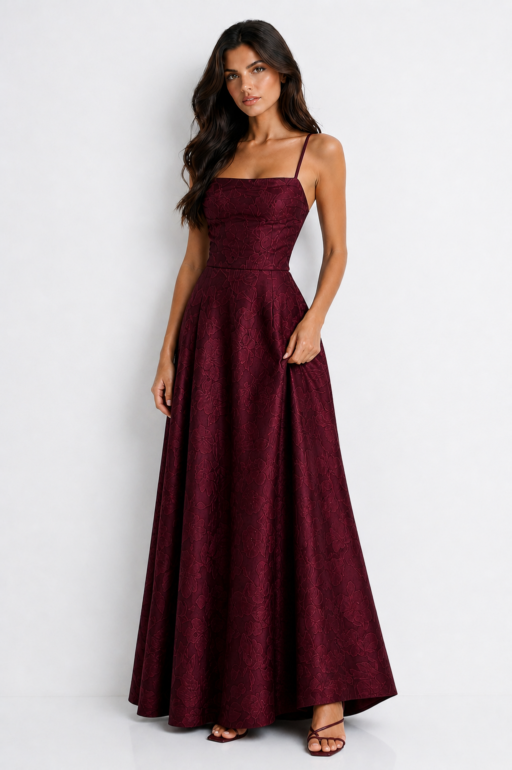 Vestido Largo Jacquard Burdeos Elegance