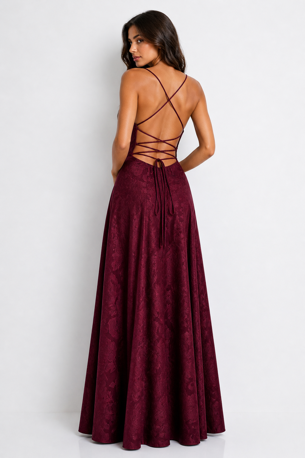 Vestido Largo Jacquard Burdeos Elegance
