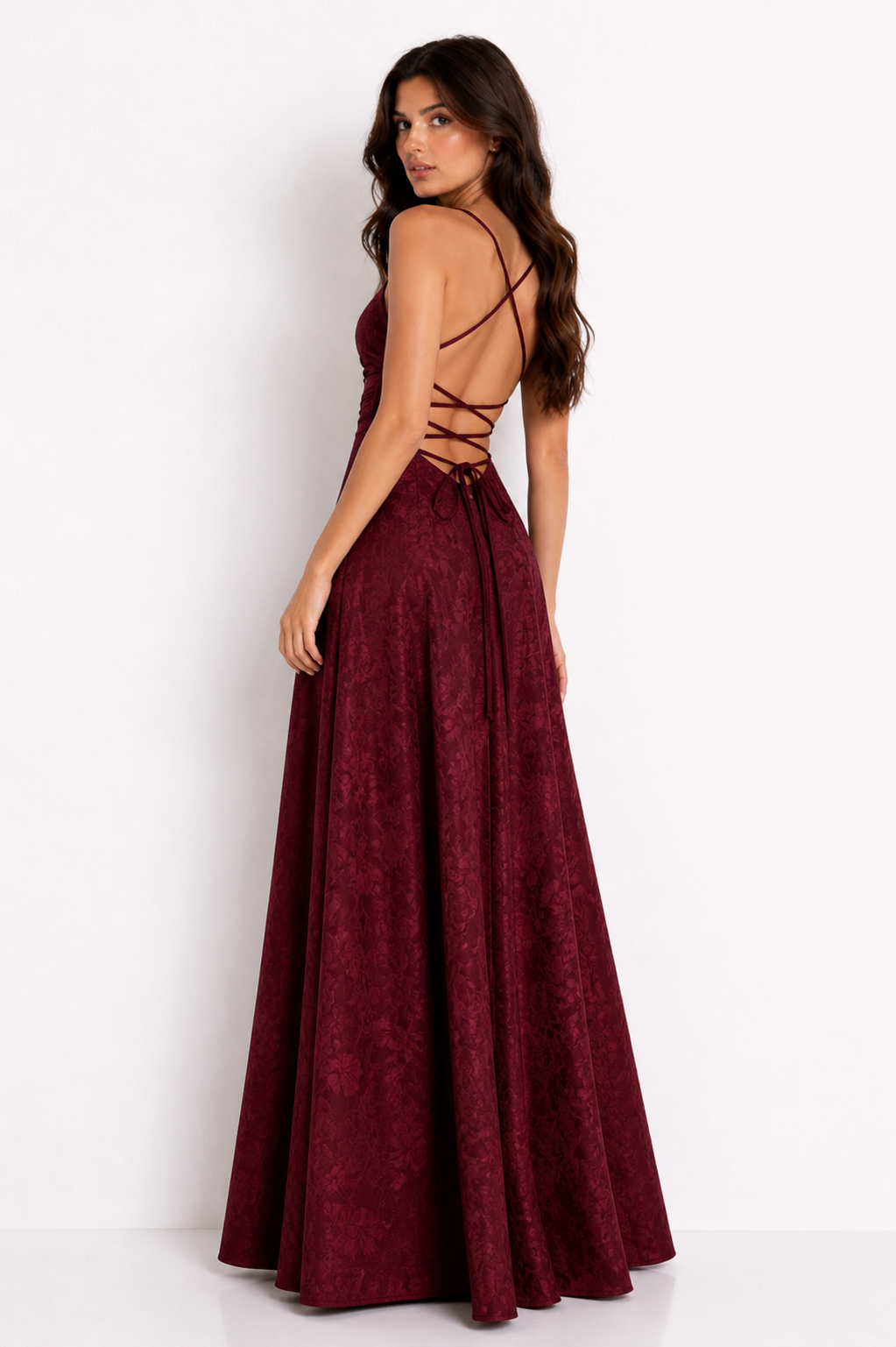 Vestido Largo Jacquard Burdeos Elegance