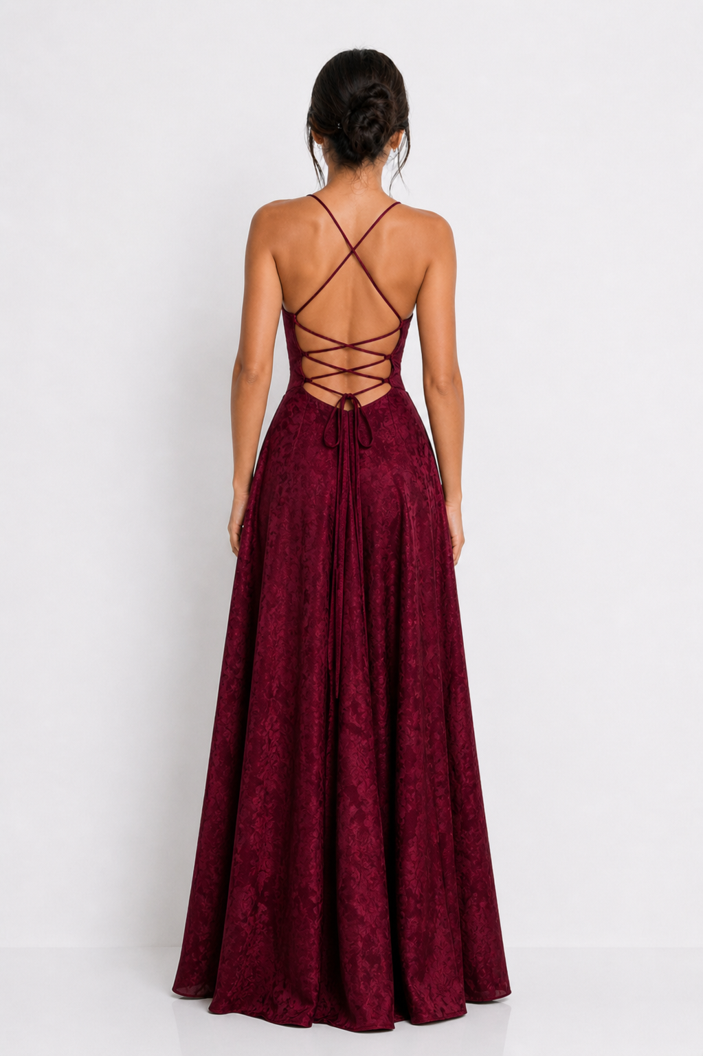 Vestido Largo Jacquard Burdeos Elegance