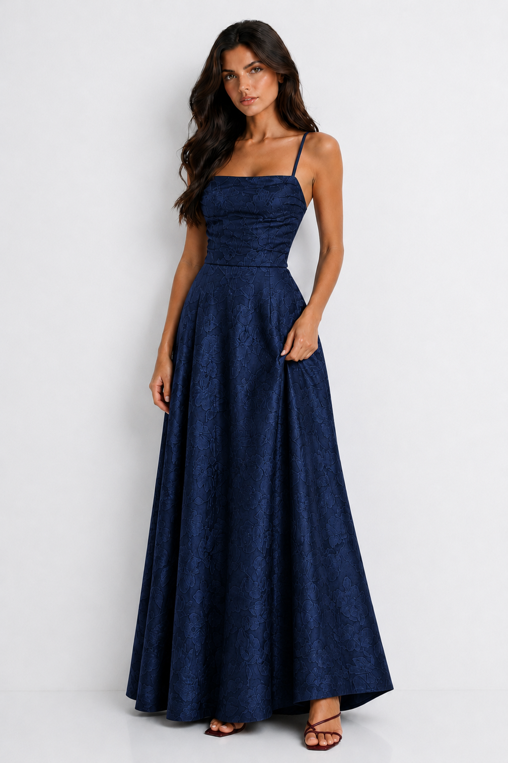 Vestido Largo Jacquard Burdeos Blue Elegance